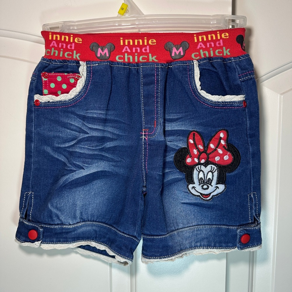 Minnie And Chick Denim Shorts Girls 2 Red Waist Polka‎ Dot Disney